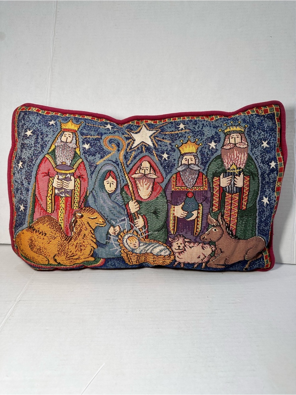 Holiday Nativity Decorative Pillow - Red Blue Green